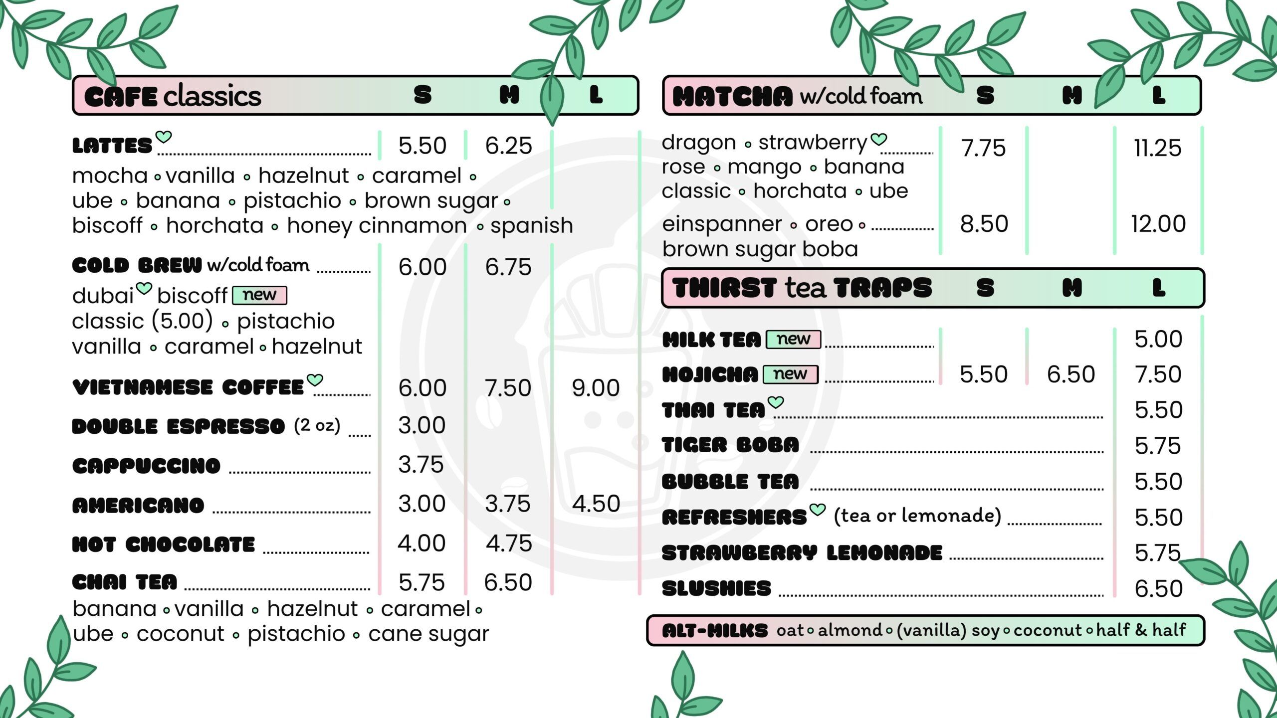 Avalon Cafe and Boba Menu