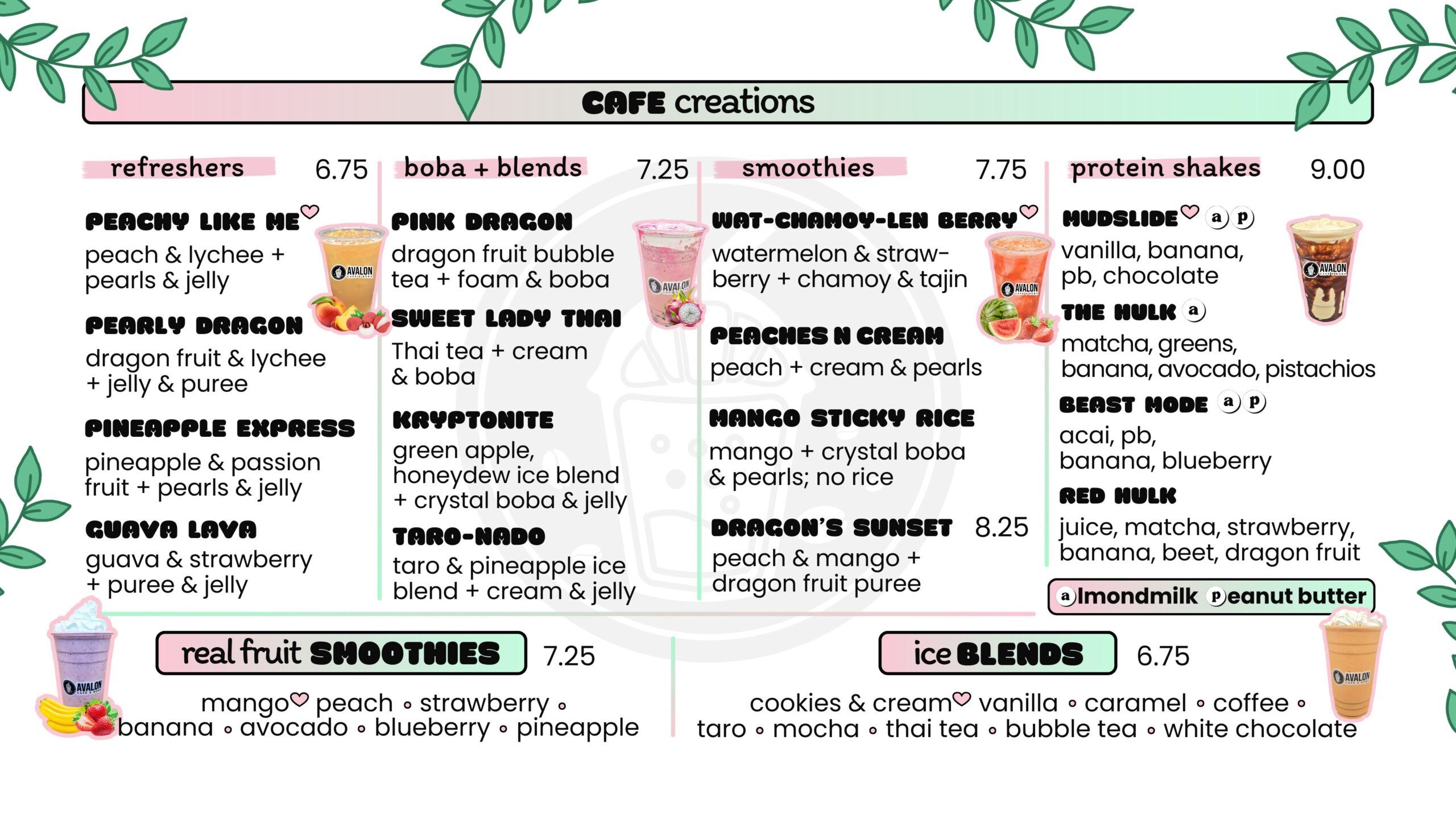 Avalon Cafe and Boba Menu